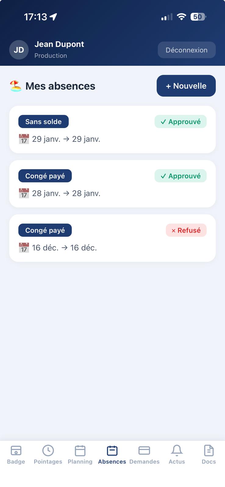 Congés et absences app mobile ANJE TIME
