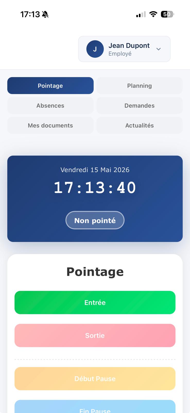 Écran pointage app mobile ANJE TIME